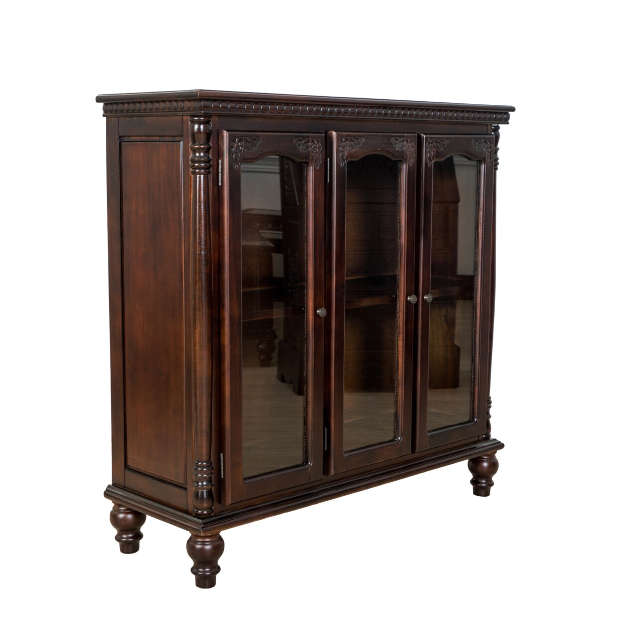 Saltoro Sherpi Traditional Wood and Glass Accent Cabinet with Carved Details, Brown-